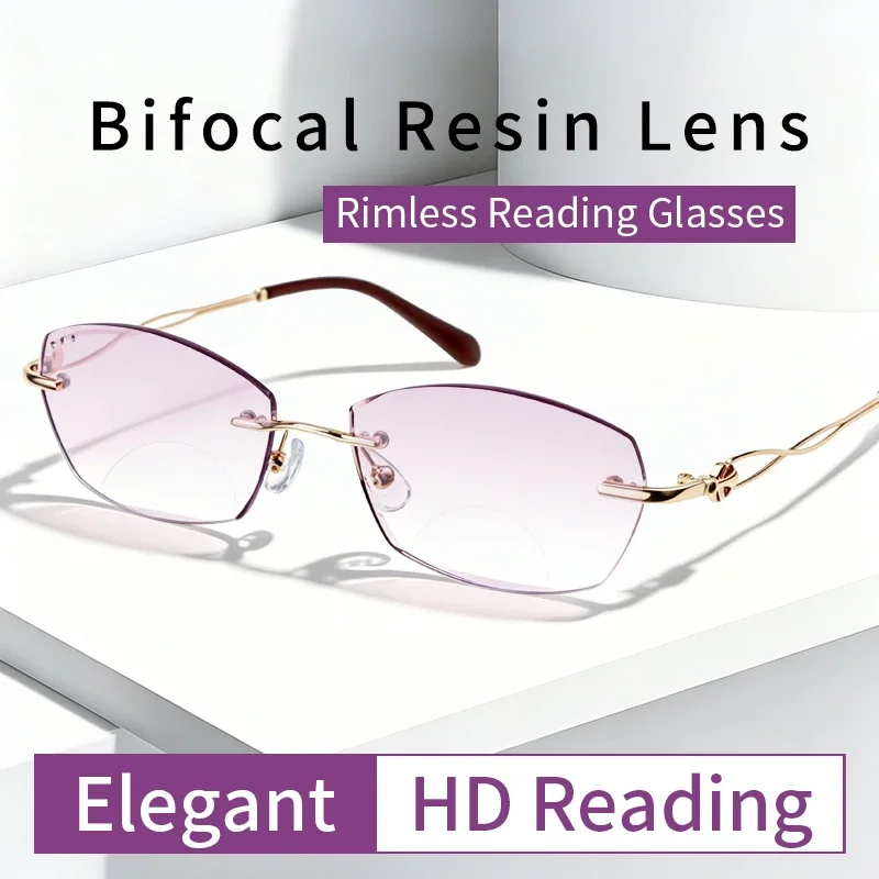 Hot Fashion Bifocal Rimless Reading Glasses Ladies, Ultralight Eyeglasses Frame, High Definition Elegant Comfortable Readers