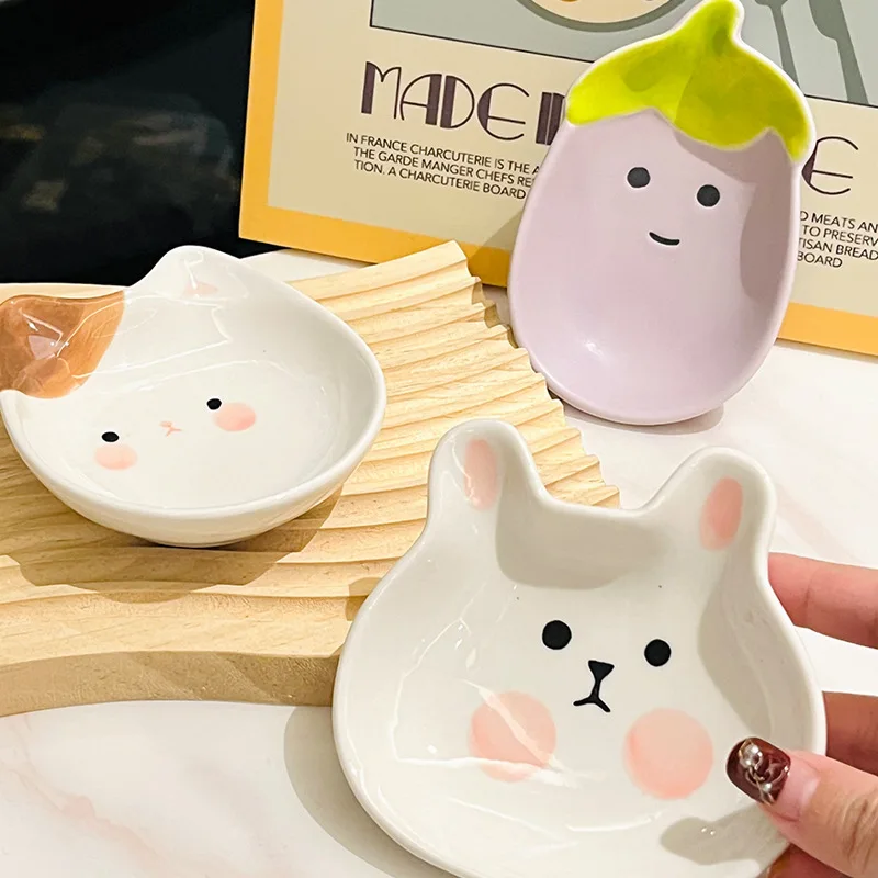 Cute Ceramic Snack Dish Ceramics Cartoon Disc Household Kitchen Dishes Mini Hot Pot Dipping Plate Dessert Snack Dishes Tableware