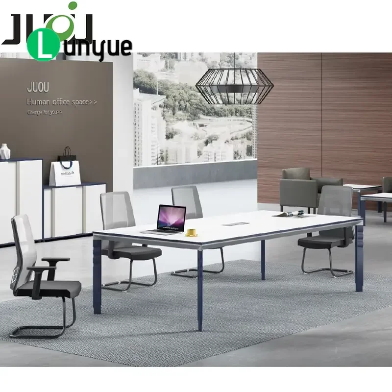 Modern Blue and White Conference Table Aluminum Alloy Legs Wood Panel Wear Resistant Commercial Office Furniture for 3 to 8
