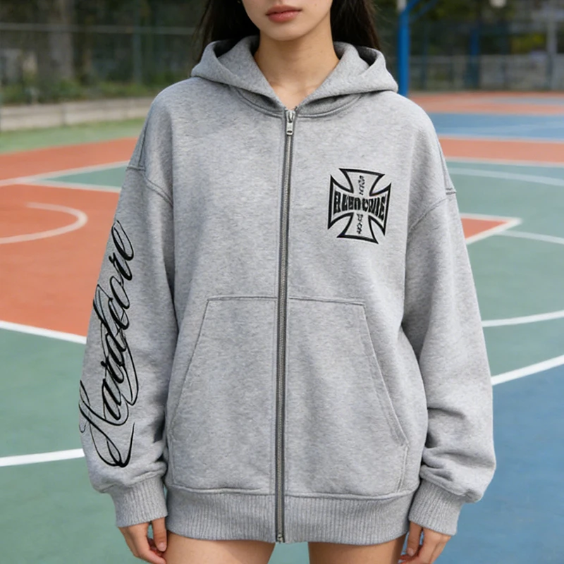 

Эстетичная винтажная повседневная толстовка в стиле хип-хоп с готическим принтом и надписью, с длинным рукавом, на молнии, в уличном стиле