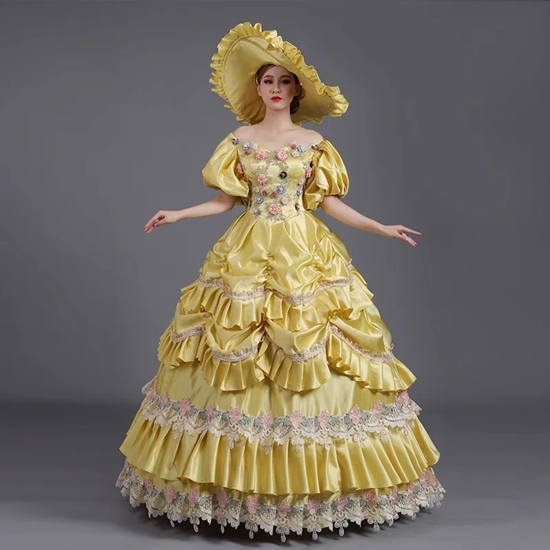 European classical dark blue yellow antique dress European lantern sleeves court skirt princess dress celebrity beauty woman