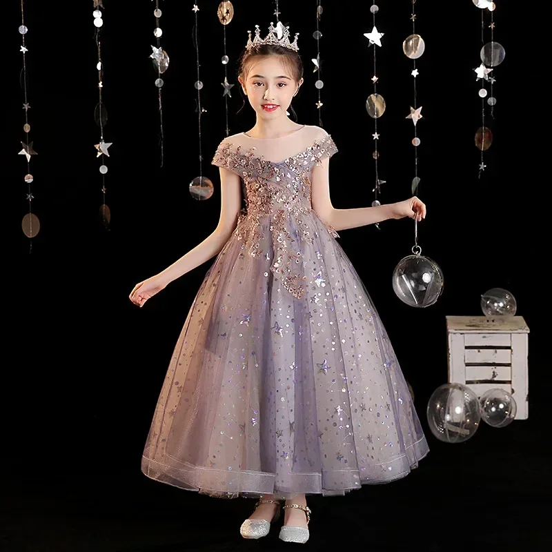 Robe de princesse de style occidental violet nickel é pour enfants, robe de fille de fleur, hôte, spectacle de marche, nouveau, printemps, 2024