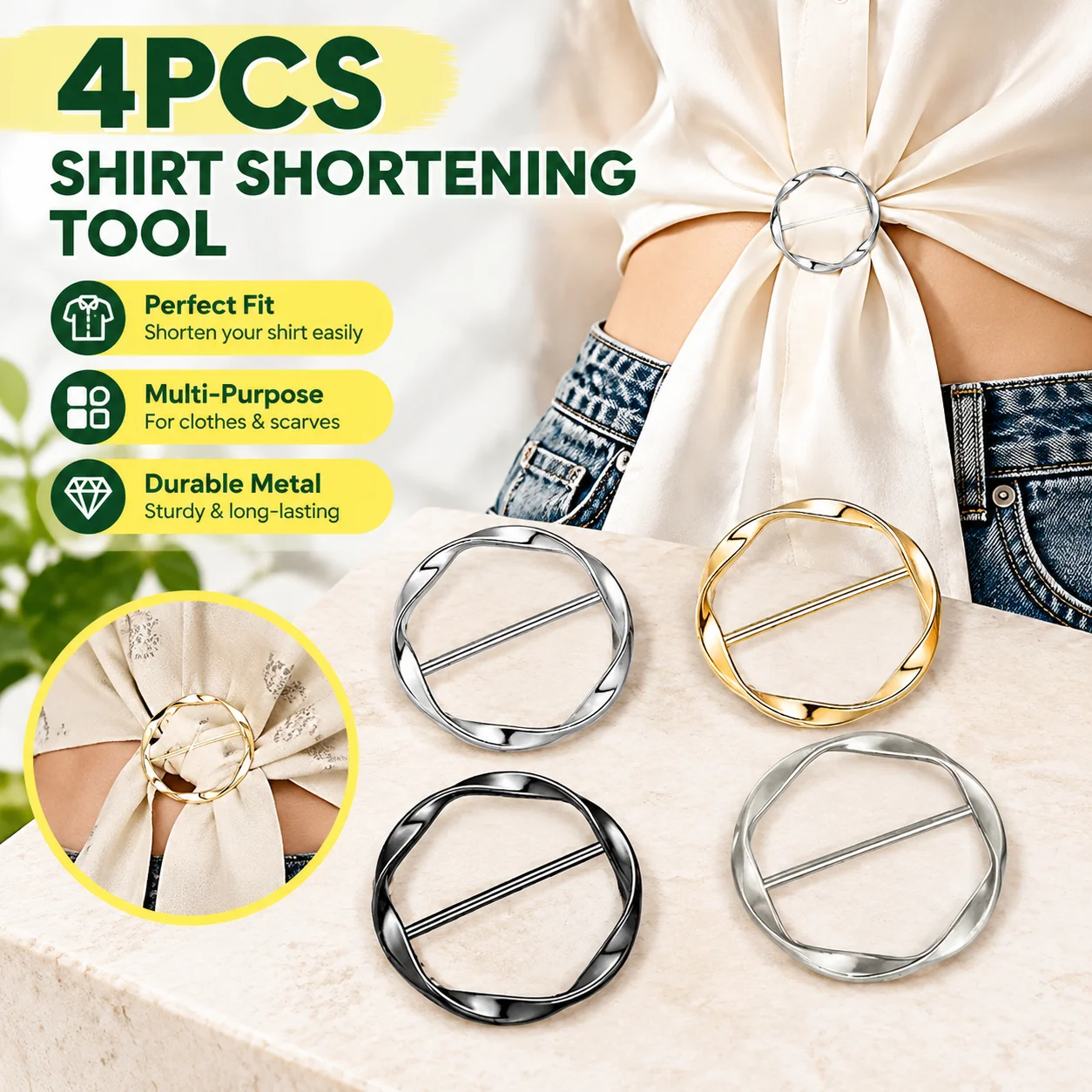 4pcs Fixed Hem Buttons Metal Shirt Shortening Tool Multifunctional Waist Buckle 34mm Inner 43mm Outer for Silk Scarf Clothing
