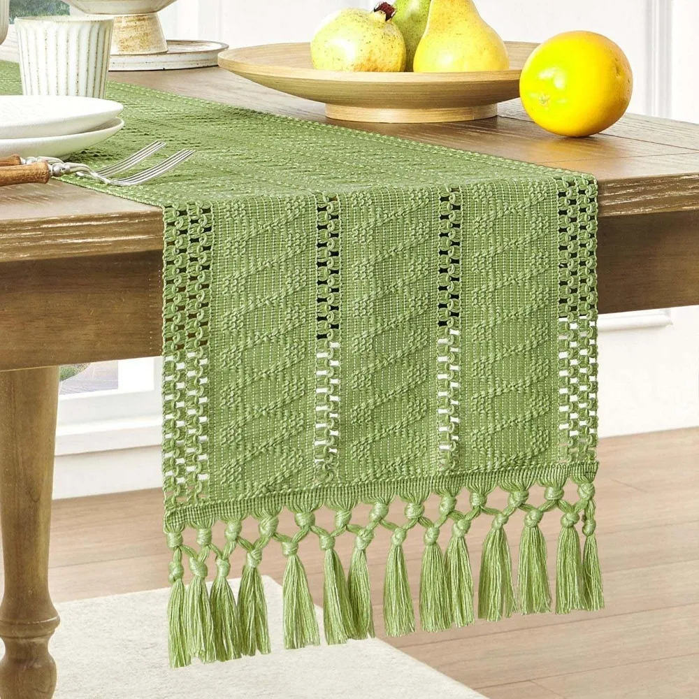 

American Style Boho Table Runner Solid Color Rustic Festival Dining Table Cover With Tassel Rectangular Tablecloth Christmas
