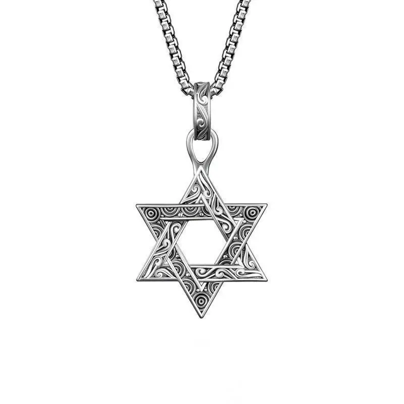 Six Pointed Star Pendant Necklace for Female Male Thai Silver Collarbone Chain Retro and Trendy Couple Accessories KOFSAC