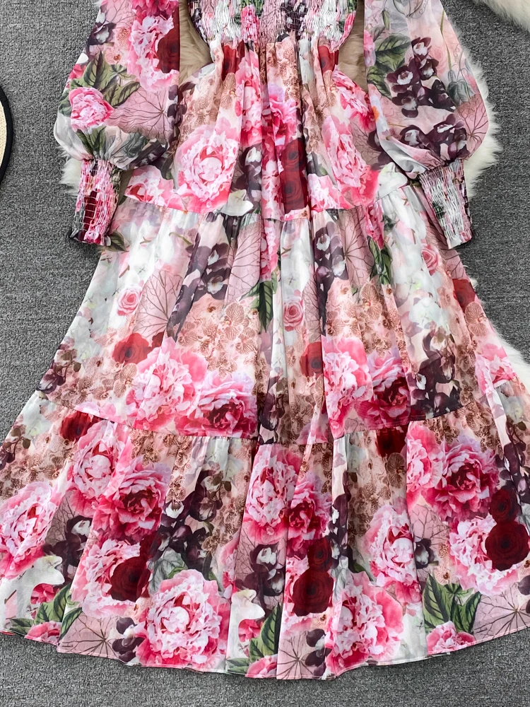 Autumn Vintage Women Floral Chiffon Midi Dress Elegant Ruffle Stand Collar Lantern Long Sleeve High Waist Big Swing Draped Robe