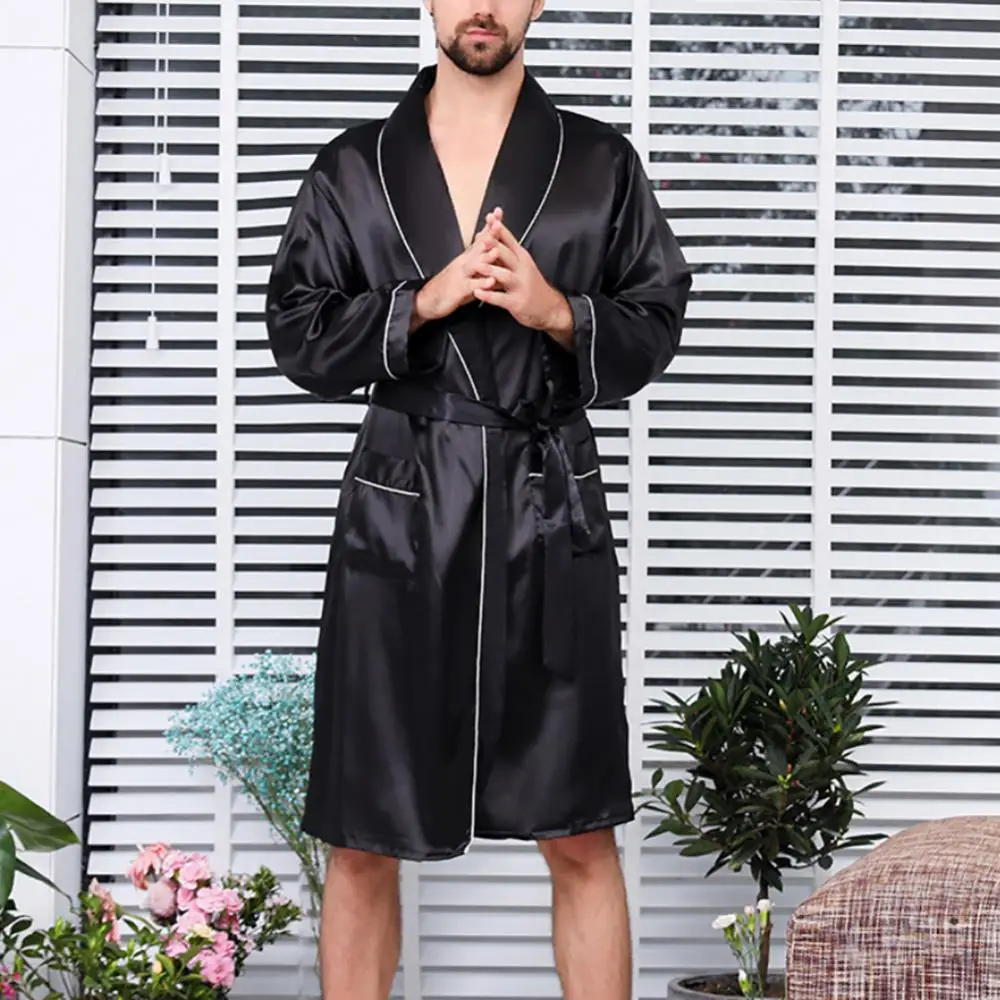 Sleepwear Pockets Belt Men Summer Imitation Silk with Waist Bath Robe Home Gown Sleepwear