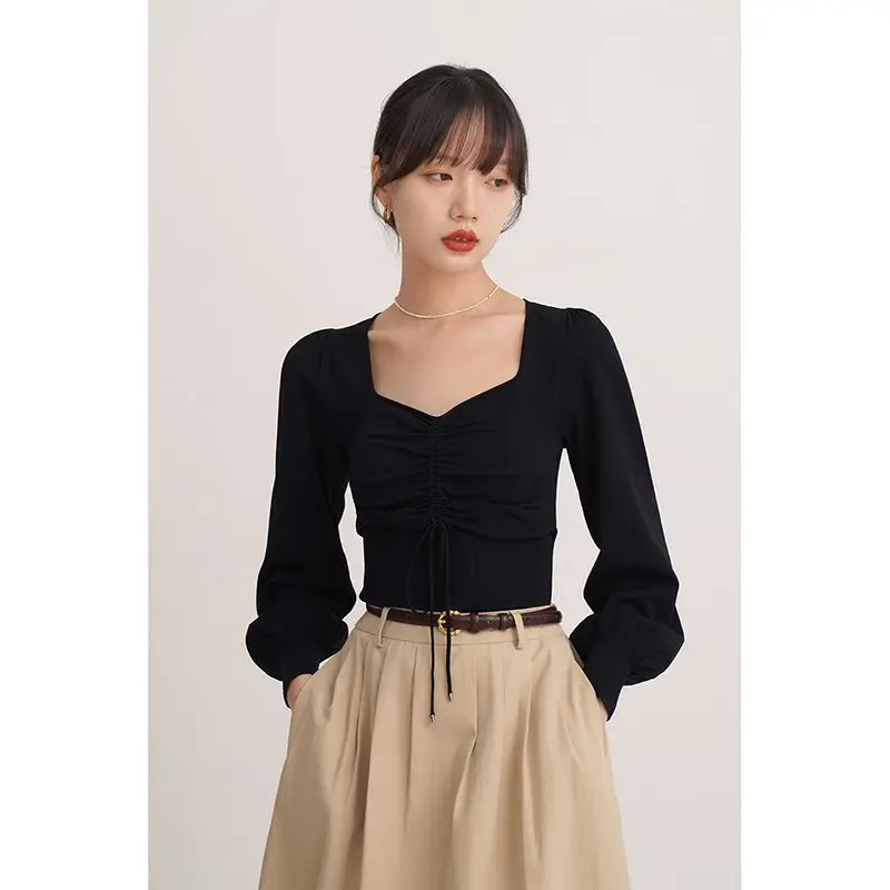 French Style Square Collar Lantern Bubble Sleeve Base Shirt Women Spring Autumn OL Chic Black Elegant T-shirts Blouse Top