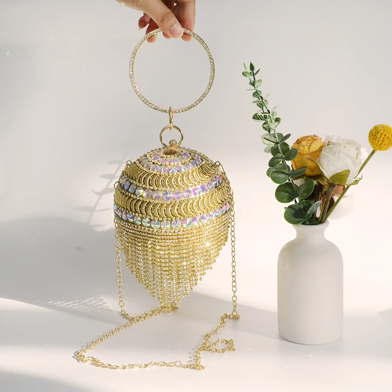 

Fashion Diamond Tassels Round Handbag Circular Ring Evening Bags Rhinestone Round Ball Purse