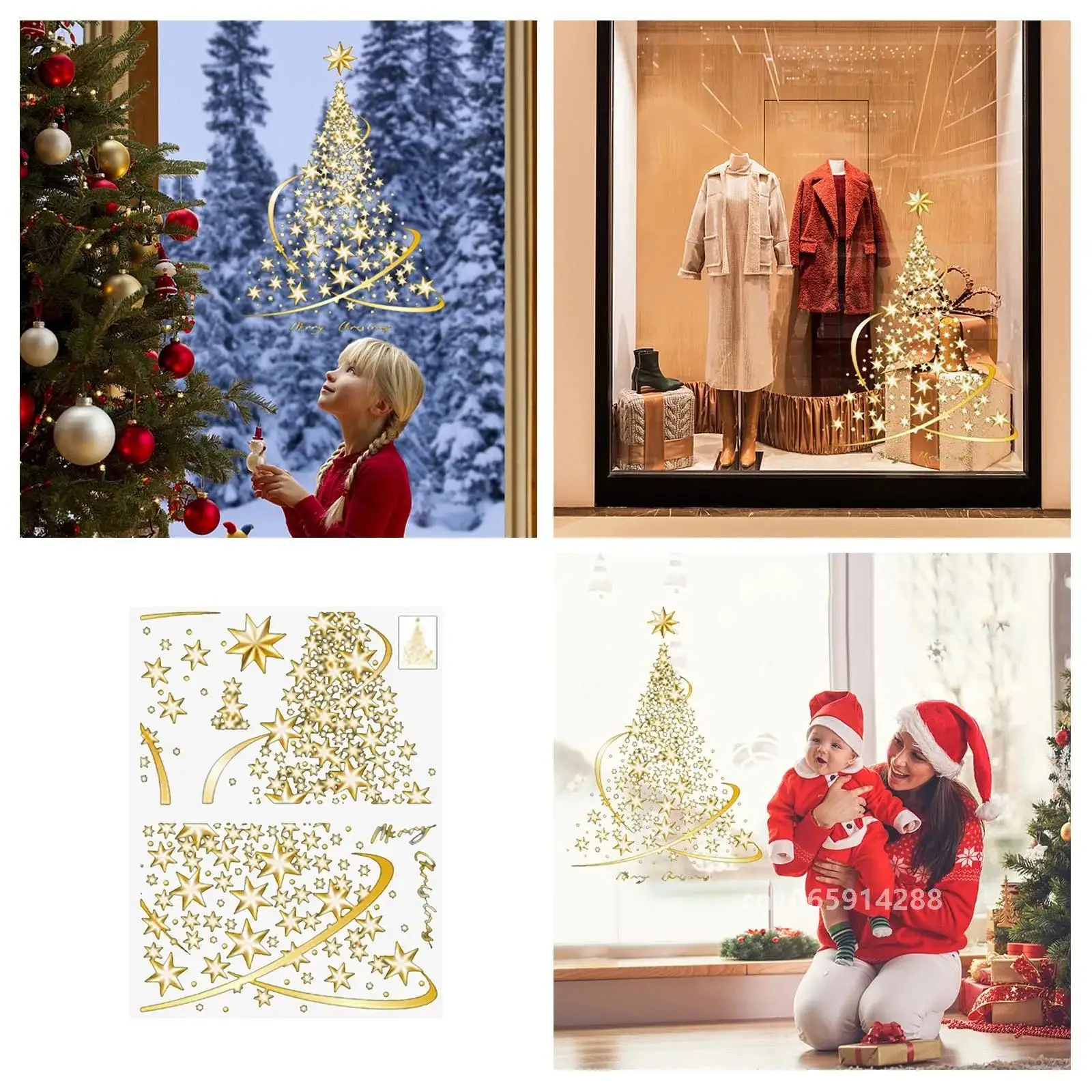 Golden Christmas Tree Window Clings Stickers For Glass Diy Static Wall Window Door Mural Living Room Centerpiece Under 10