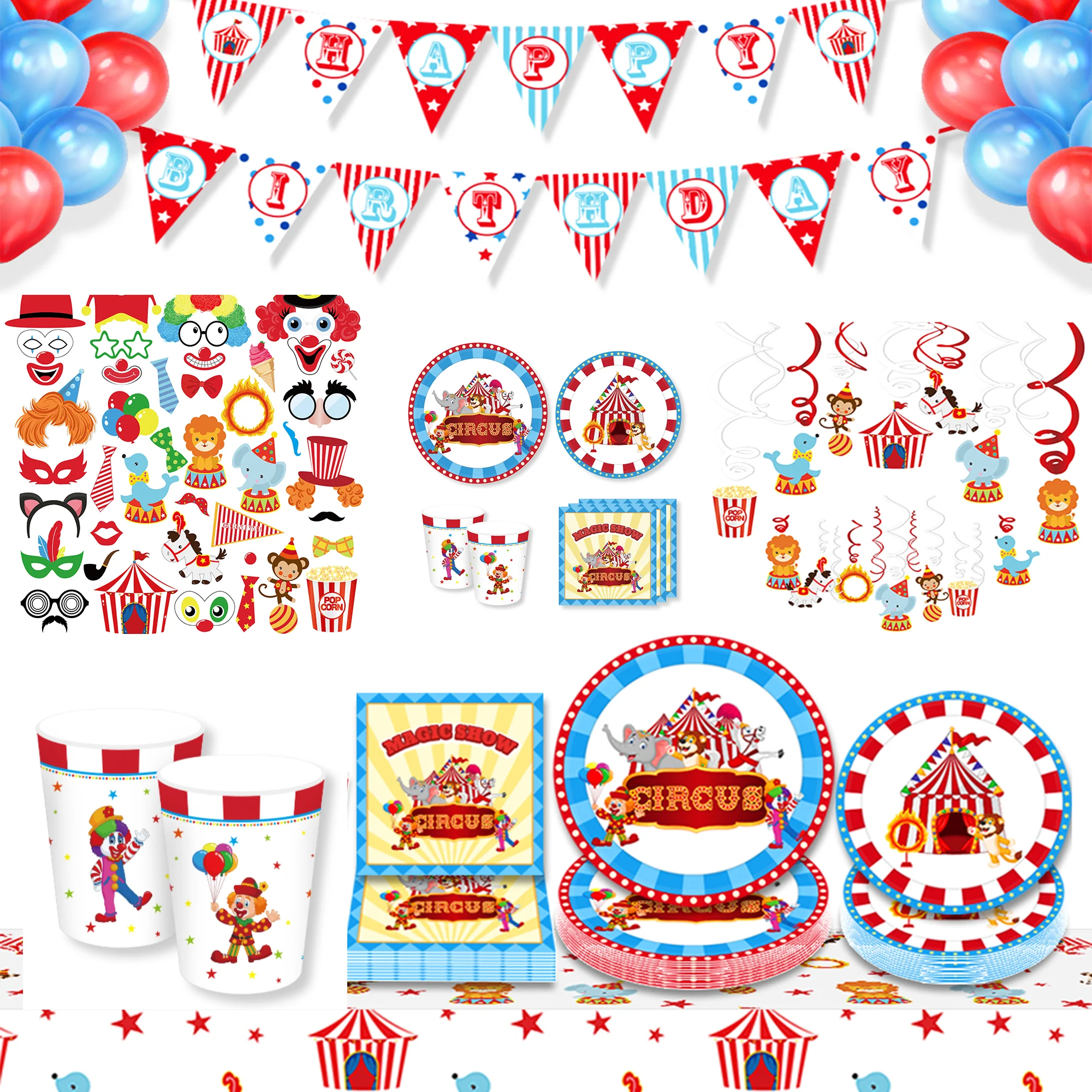 Zirkus-Einweggeschirr, Teller, Servietten, Tischdecke, Banner für Geburtstagsfeier, Geburtstagsdekoration, Festival-Partyzubehör