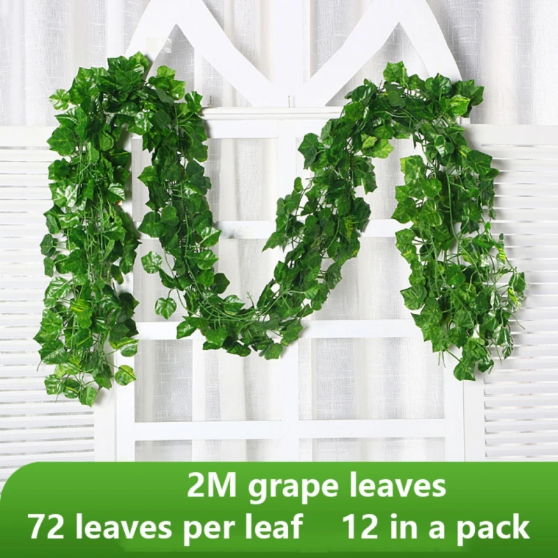 12pcs Green Silk Artificial Hanging Ivy Leaf Artificial Grape Leaf Vine Outdoor Garden Courtyard Decor Home Wedding Decoration