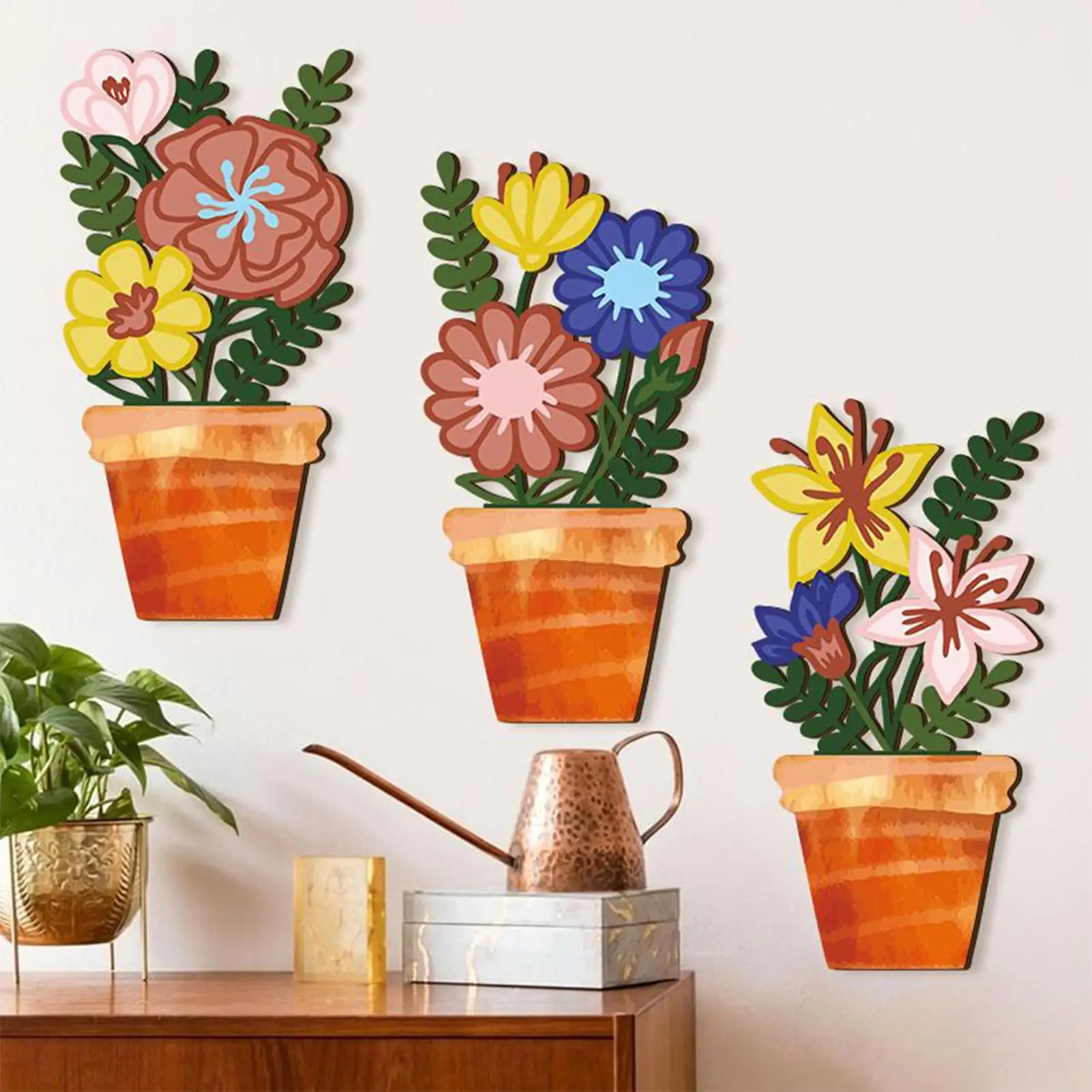 Vase Flowers Wall Art Set Boho Hangable 3 Pieces Wall Flowers Vase Wood Sculpture For Living Room Dining Room Bedroom Bathroom
