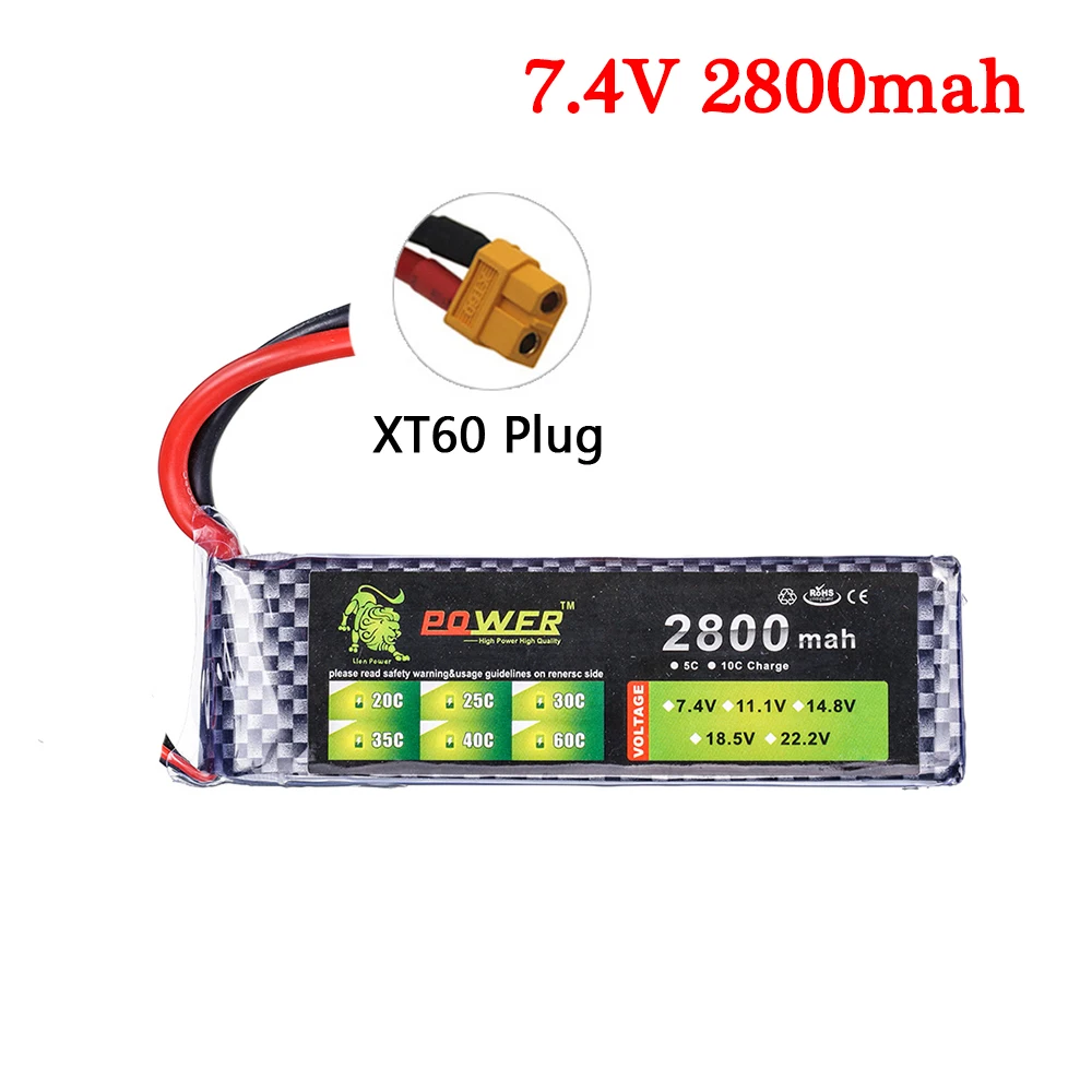 Batería Lipo recargable para cuadricóptero teledirigido, 35C, 7,4 v, 2800maH, para coches, camiones, barcos, drones, piezas de repuesto, 3s, 2800mah, 7,4 v