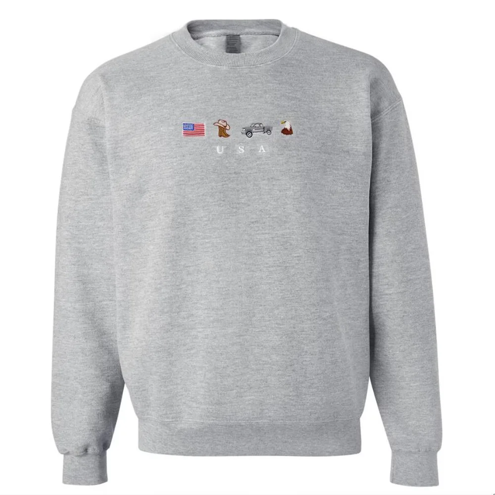 American Elements Embroidered Retro Style Unisex Sweatshirts 2024 Autumn New Thick Fleece Long Sleeve Pullover Crewneck