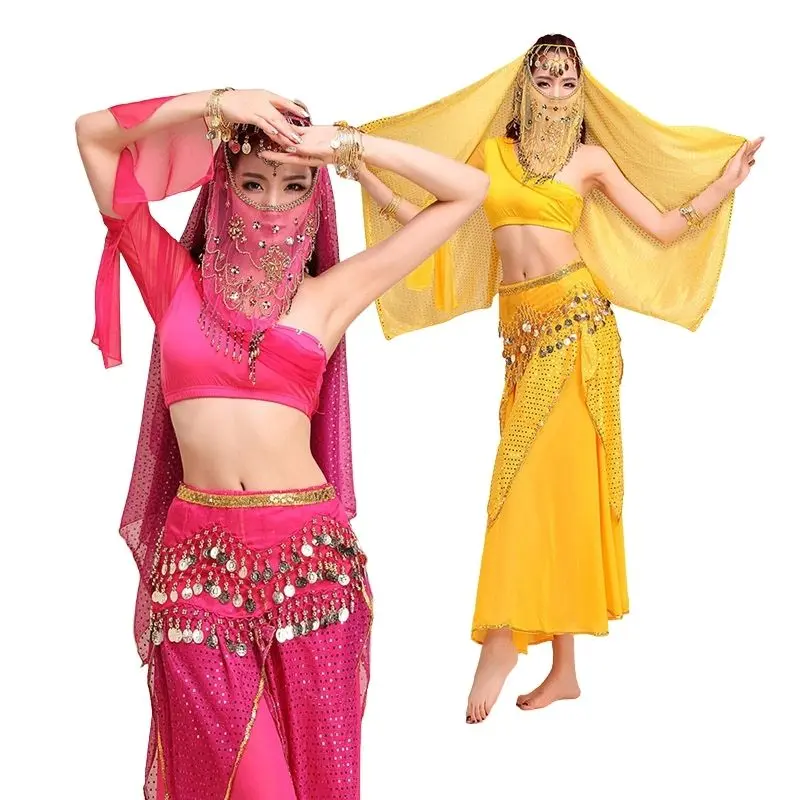 

Belly Dance Indian Dance One Shoulder Dress Practice Service Costume Set Bellydance 5pcs Top&Skirt&Belt&Headband&Veil 6 colors