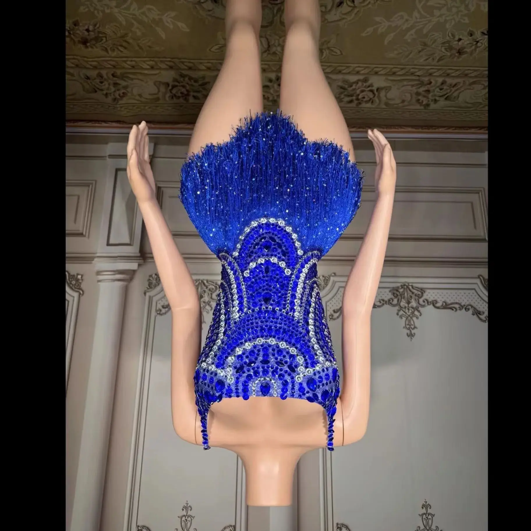 

Sparkly Blue Rhinestones Tassels Bodysuit Women Sexy Show Performance Dance Costume Nightclub Outfit Singer Dancer Stage Wear