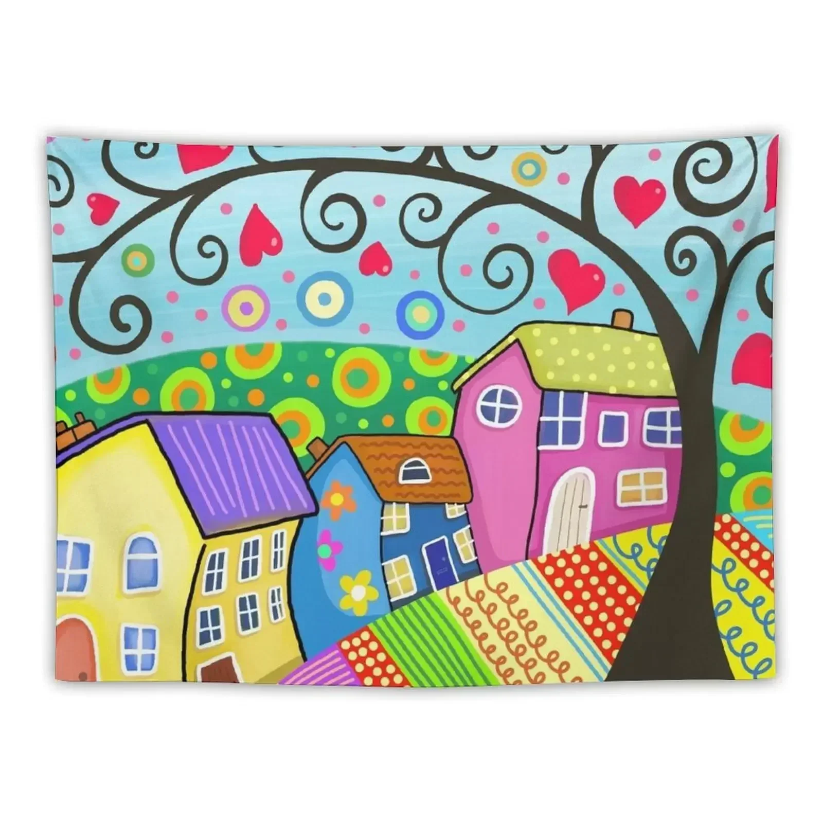 

Cute Colorful Folk Art Houses A-Line Dress Tapestry Home Decor Aesthetic Wall Art Aesthetics For Room Tapestry