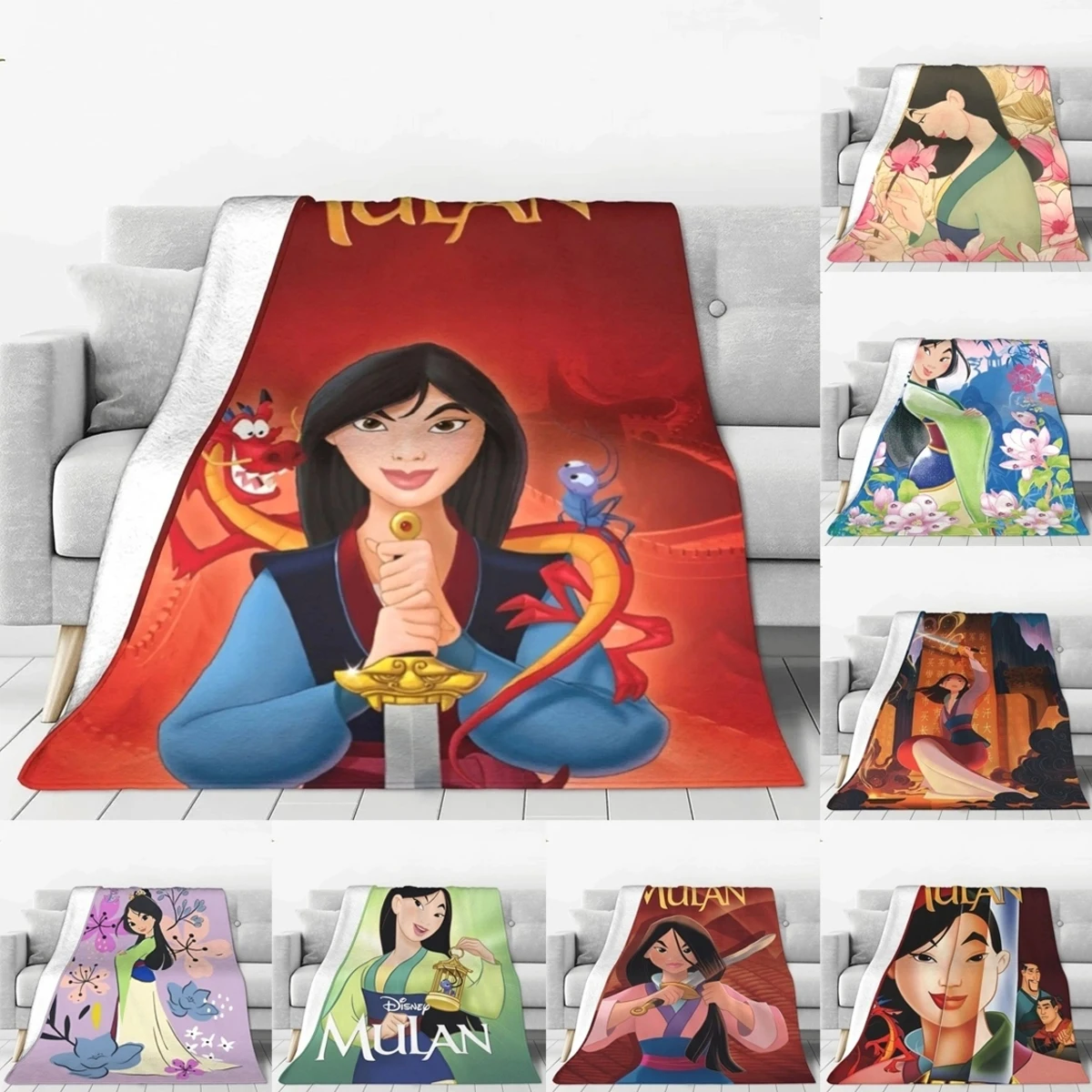 Mulan Princess Beaty Cartoon Knitted Blanket Cute Mushu Flannel Throw Blanket Bedding Couch Decoration Warm Breathable Quilt