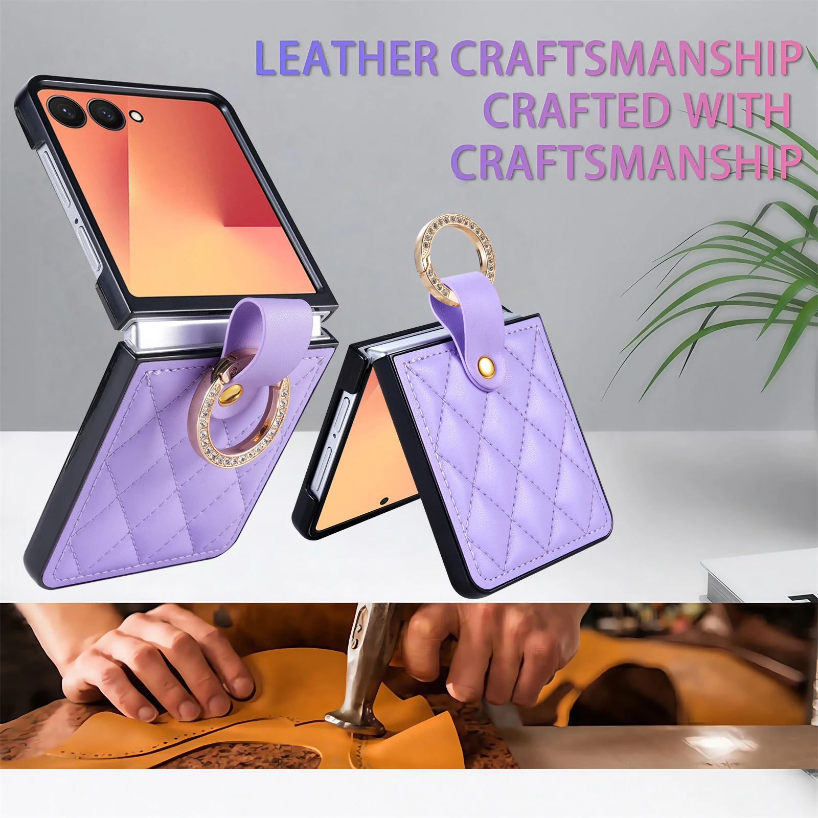 Für Samsung Galaxy Z Flip 8 7E 7 6 5 4 PU-Leder-Handyhülle mit Ringhalter, vollständiger Schutz, stoßfeste Rückseite, rautenförmige Abdeckung