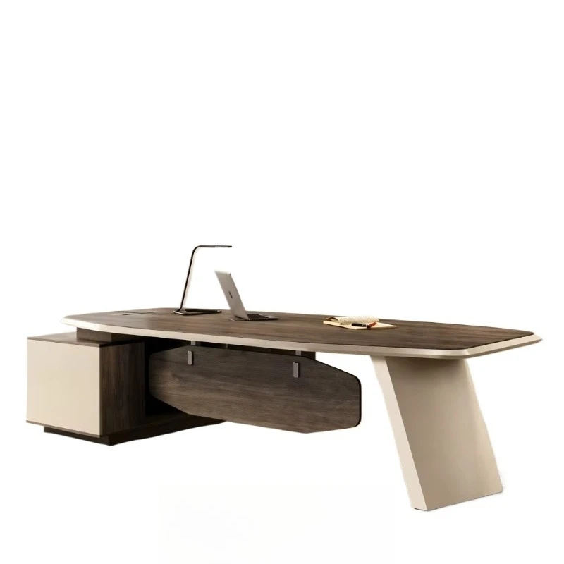 Modern curved V-shaped metal legs adjustable executive desk, L-shaped wooden manager's desk, luxury desk