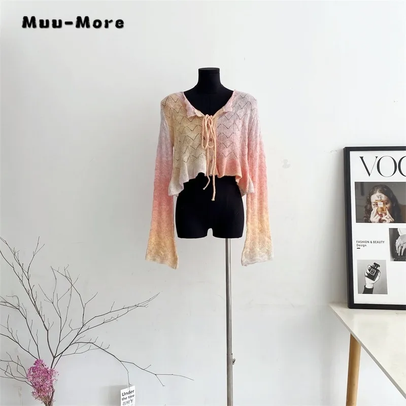 

2023 Autumn Winter Sweet Casual V-Neck Knitting Long Sleeve Cardigans Women Hotsweet Rainbow Single Breasted Lace-up Sweater