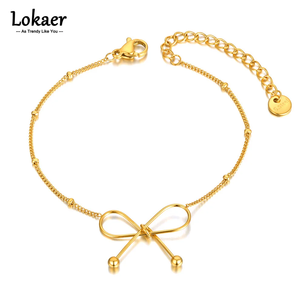 Lokaer Titan-Edelstahl-Kettenarmband, trendiges, 18K vergoldetes Schleifenanhänger-Bohemia-Armband für Damen B22010