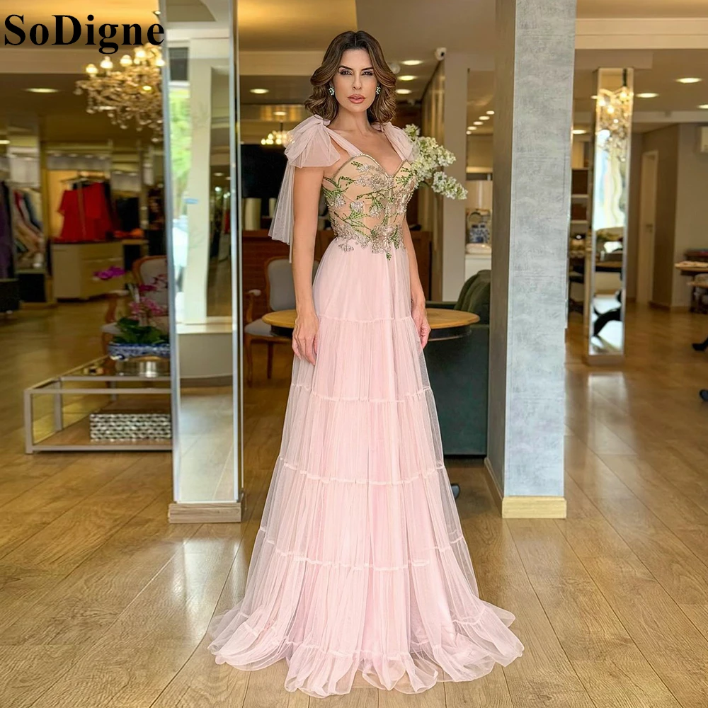 

SoDigne Elegant Pink Tulle Evening Dresses A-Line Spaghetti Strap Bow Appliques Pleated Party Dress 2025 Prom Gowns Customized