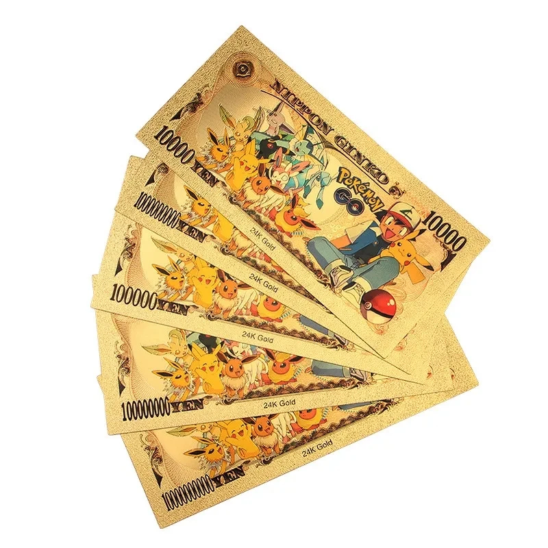 6-11pcs Pokemon CARDS Pikachu Pokeball gold banknote 10000 Yen Gold plastic Banknote for classic childhood memory Collection