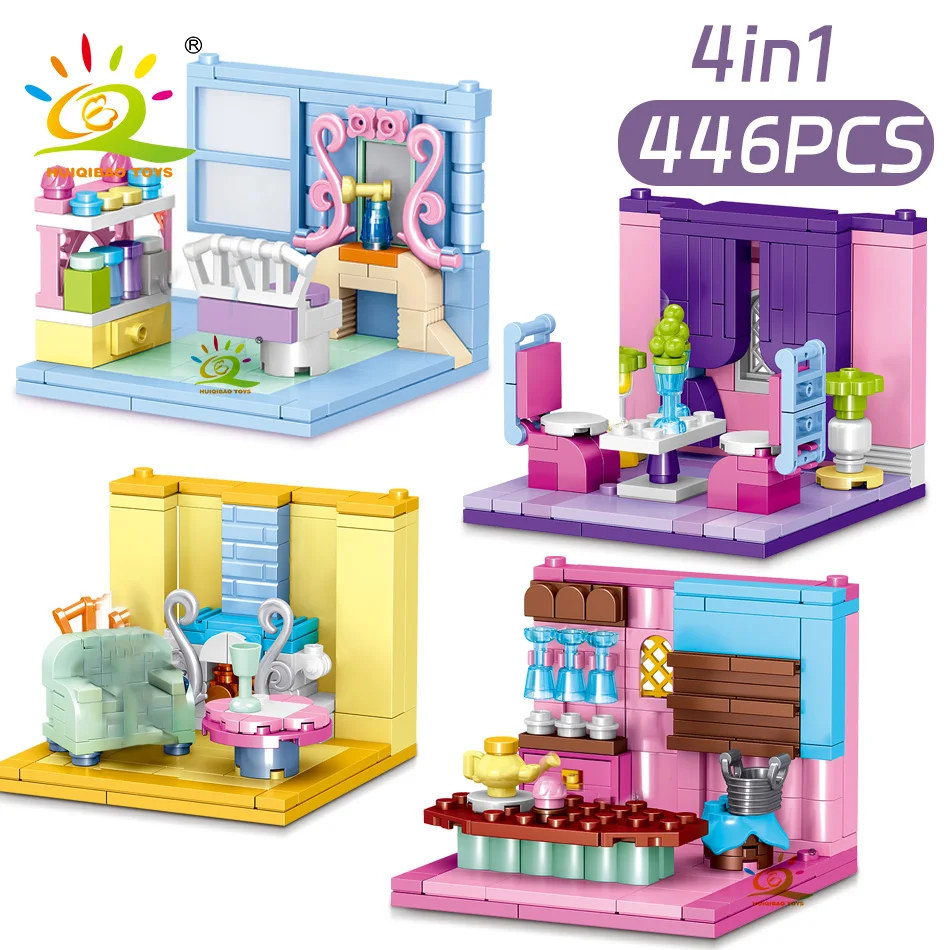 HUIQIBAO Creative Mini Room Girls Bedroom Building Blocks City Friend Play House Set Apartment Model Assemble Bricks Girl Toys