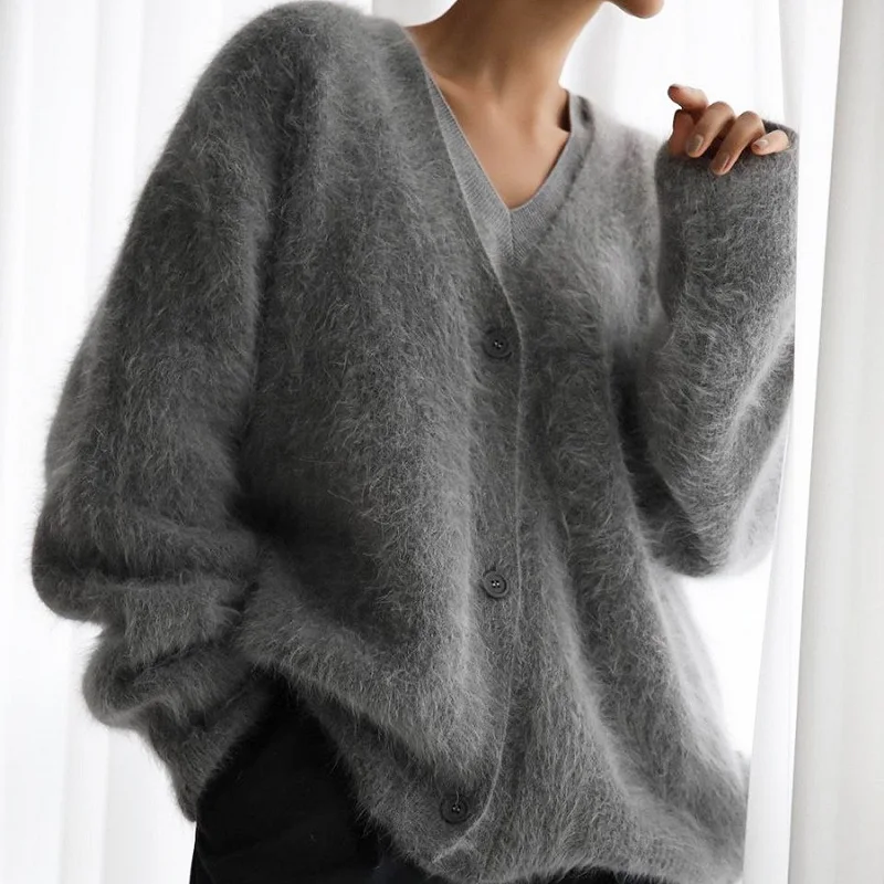 ​​Women Casual Long Sleeve Solid Knit Sweater 2024 Elegant V-neck Loose Mink Cardigan Coat Autumn Winter Fashion Button Jackets