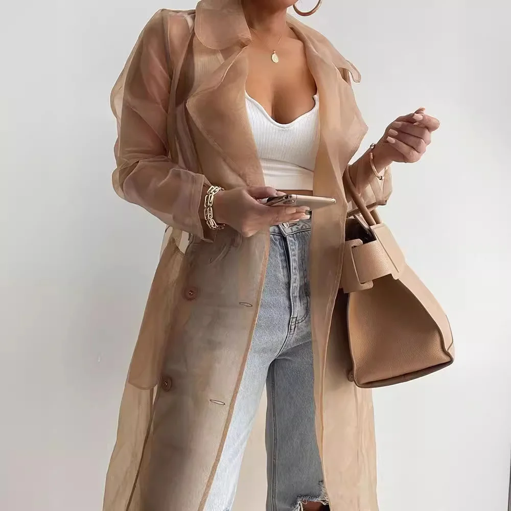 

Summer Women Coat Solid Color Turndown Collar Long Sleeve Net Yarn Women Jacket See Through Lace-up Female Long Shirt Thin Coat