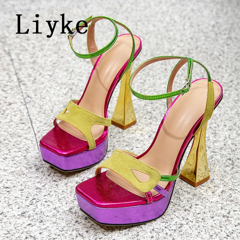 Liyke Model Runway Show Sexy Super High Heels Platform Sandals For Women Fashion Square Toe Banquet Party Prom Shoe Mixed Colors