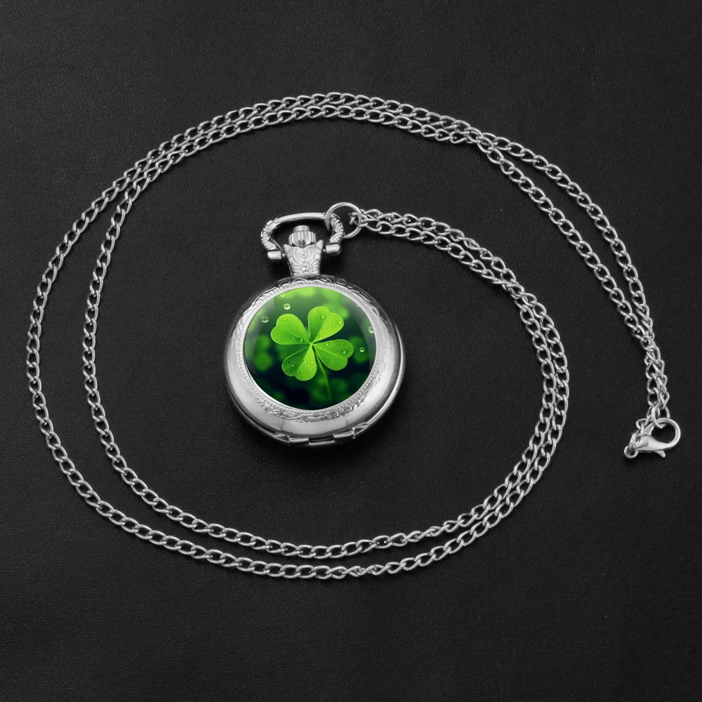 Collana per orologio da tasca al quarzo con cupola in vetro a quadrifoglio in acciaio inossidabile argento moda personalizzata Collana con ciondolo gioielli da donna