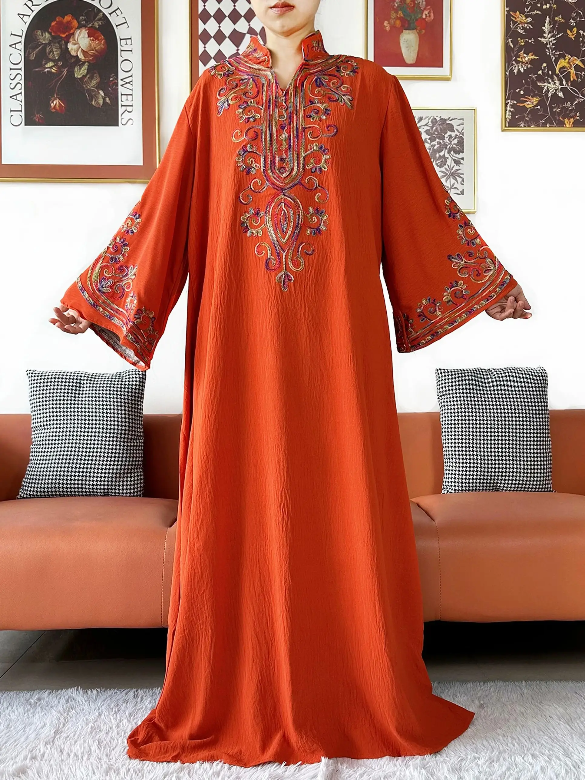 Latest Women Abaya Long Sleeve Embroidered Solid Cotton Women Loose Abaya Boho Maxi Dress Casual Fashion Dress African Vestidos