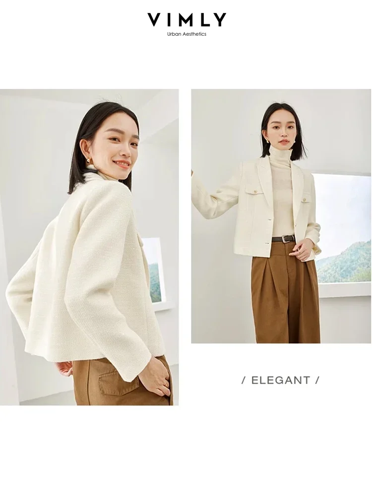 Vimly Apricot Elegant Cropped Tweed Jackets 2023 Autumn Blazers Woman Office Lady Straight Single Breasted Female Clothing M2922