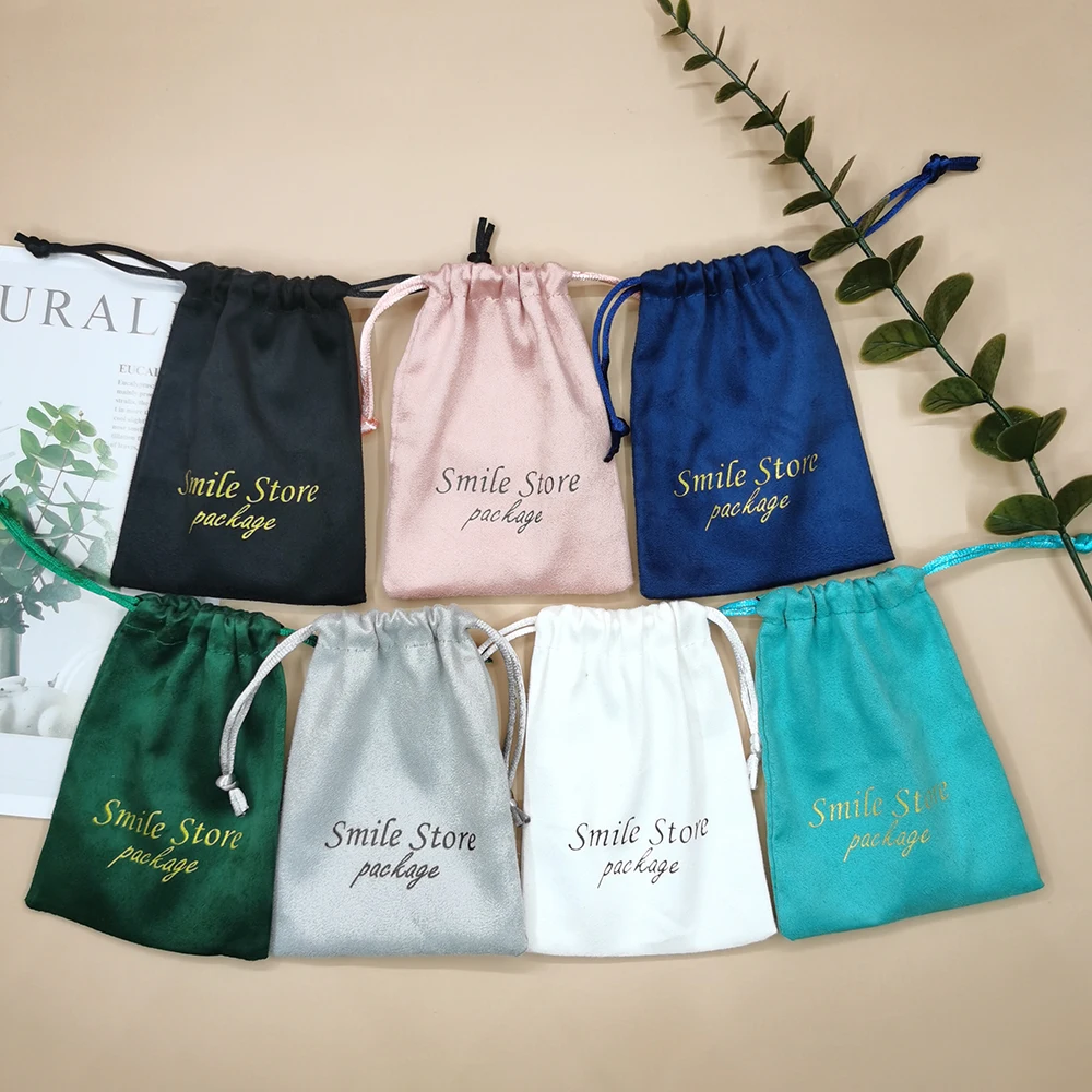 100pcs Personalized Logo Print Jewelry Bags Drawstring Soft Flannel Jewelry Packaging Pouches Velvet Wedding Favor Gift Bags