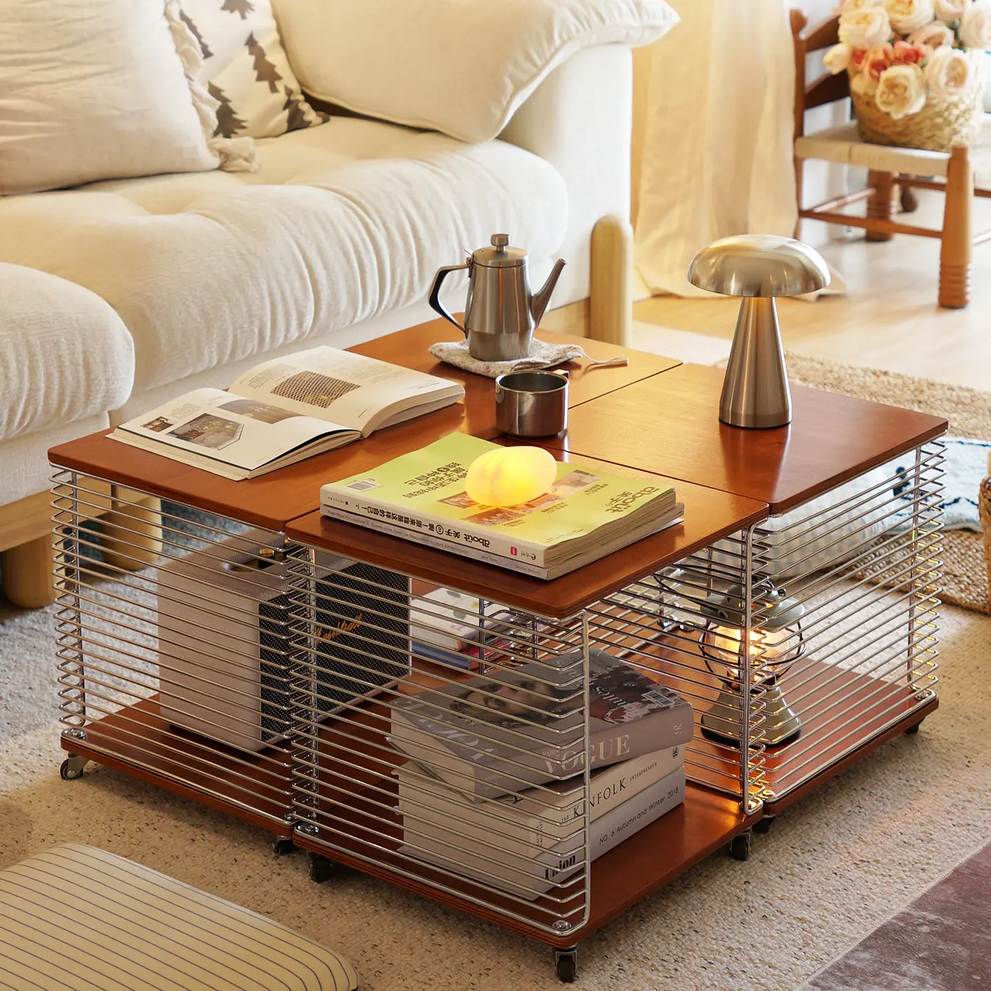 Premium Stainless Steel Modular Coffee Table with Creative Geometric Lines, Vintage Style Side Trolley Storage Rack for Home.