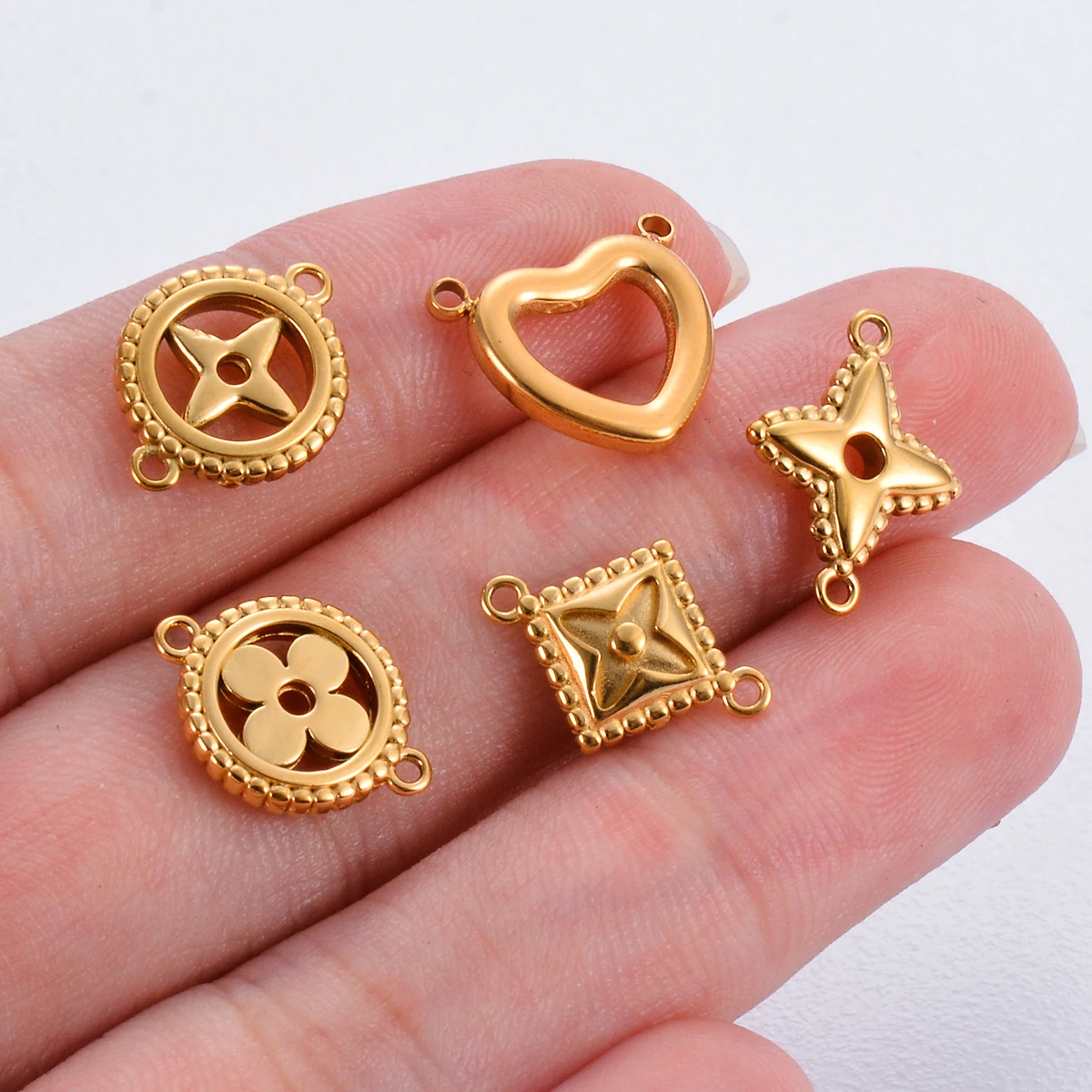 10pcs Vintage Double Hole Stainless Steel Accessories Gold Plated Heart Flower Star Pendant for DIY Necklace Bracelet Jewelry