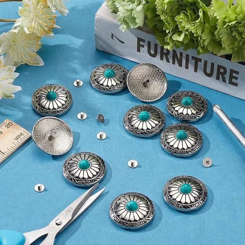 10Pcs 1-Hole Turquoise Buttons Western Conchos Screw Back Round Metal Decorative Conchos Flat Round with Sunflowers Pattern