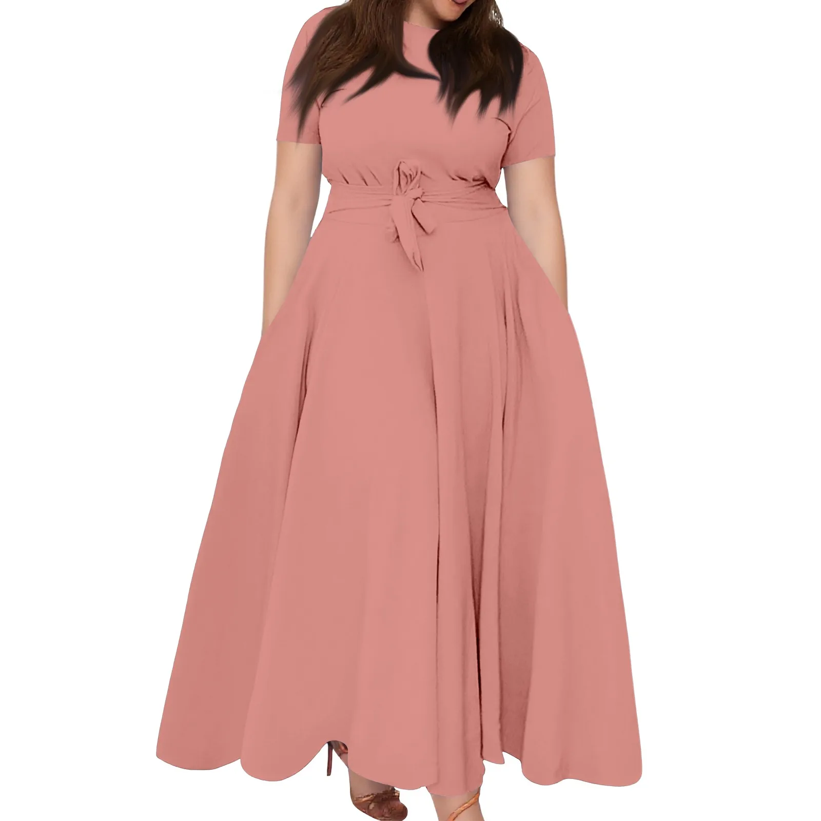 

Summer Classic Solid Color Large Size Round Neck Short Sleeve Pocket Straps Swing Dress Fashion High Waist A-line Skirt