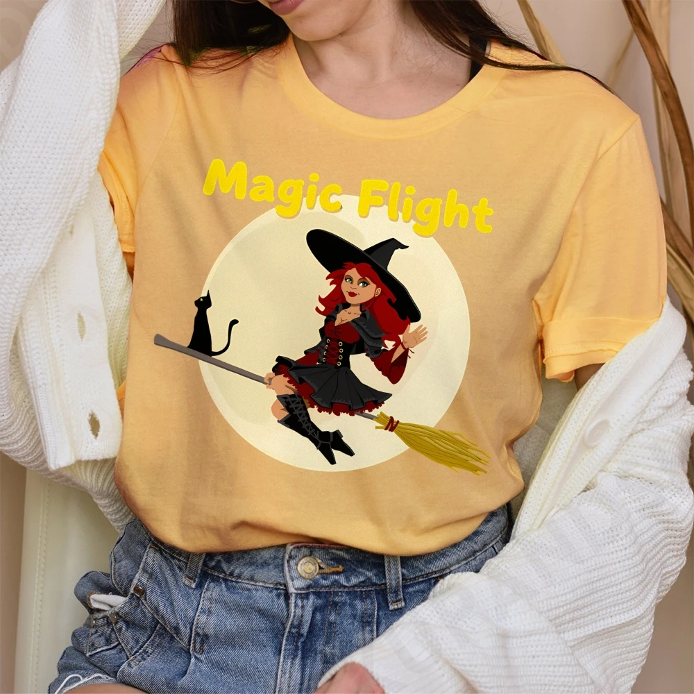 Y2K Abbigliamento da donna T-shirt casual in cotone Girocollo T-shirt grafiche Street Wear Cartoon Strega Luna Scopa Gatto nero Magia