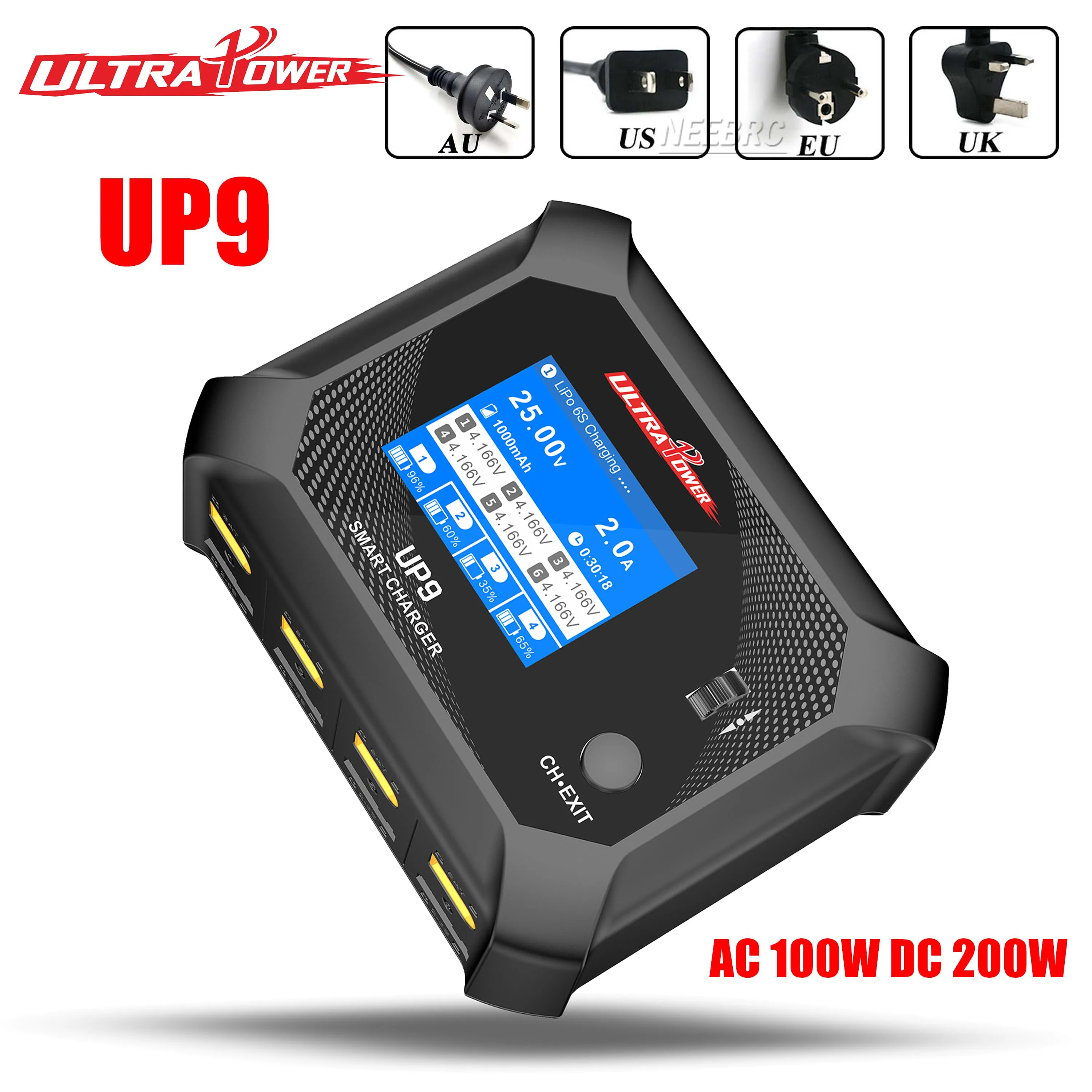 

УльтраPower UP9 LCD Smart Battery Balance Charger AC 100W DC 200W Четырехканальный разрядник для Lipo LiHV Lilon LiFe NiMH RC Model