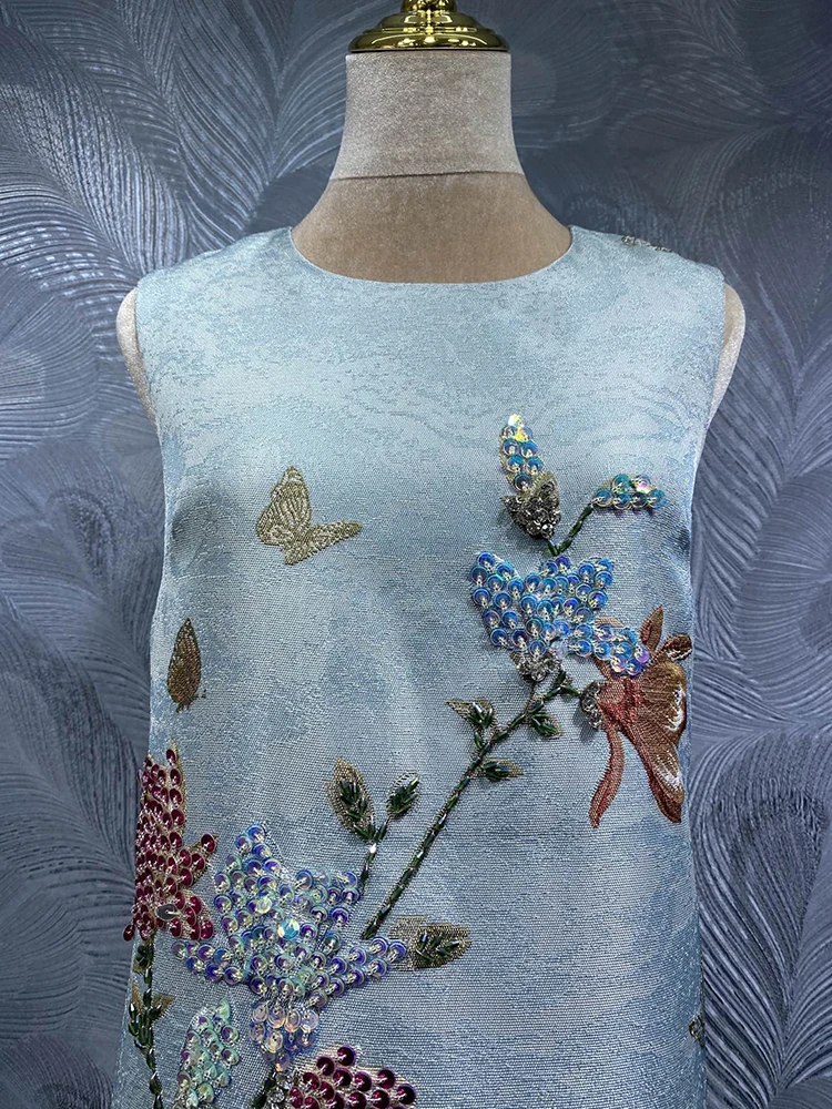 DLDENGHAN Sequin Beading Vest Dress For Women O-Neck Sleeveless Vintage Jacquard Mini Dresses Summer Fashion Female