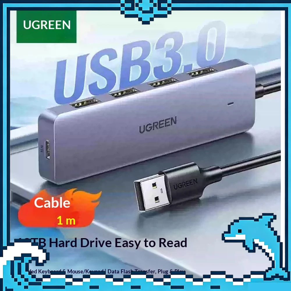 UGREEN 15918 4 Port USB 3.0 Hub Powered USB Splitter with 1m Cable Type C Power Port Multiport Expander for Laptop PC Hard Drive