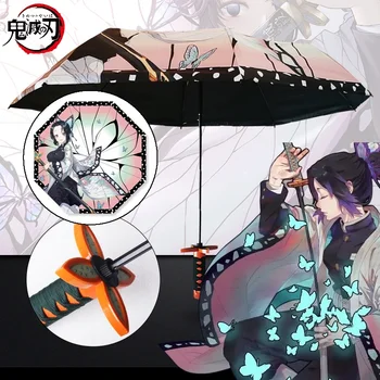 Paraguas Demon Slayer Katana, sombrilla plegable soleada, Anime Tanjirou Kimetsu No Yaiba Shinobu Kyoujurou Samurai Katana, paraguas con espada
