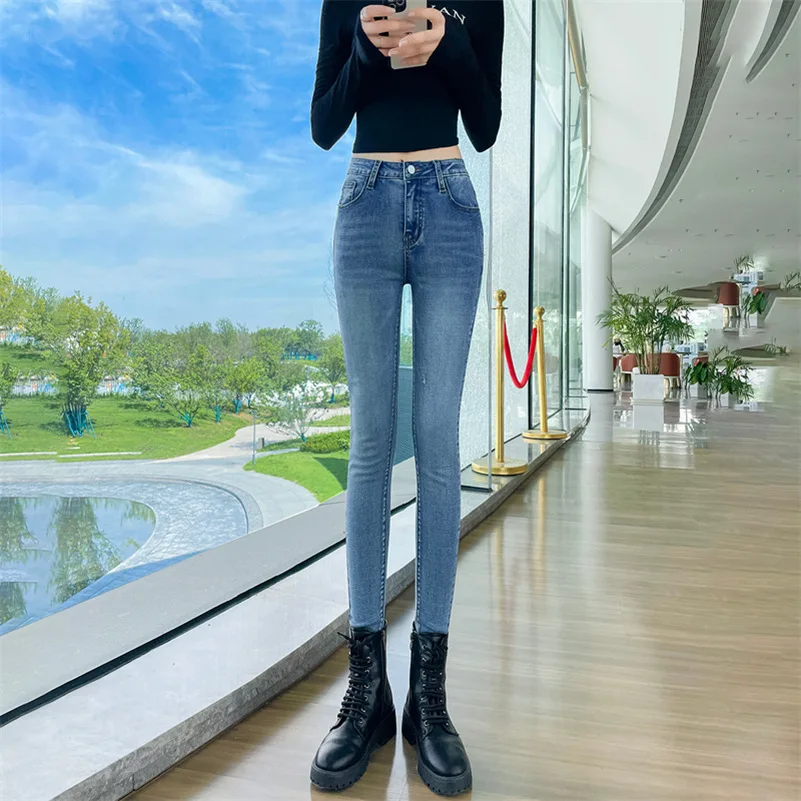 Women Stretch Pencil Jeans Lady Skinny Vintage Blue Jeans Girls Slim Fit Leggings Straight Narrow Leg Denim Pants Long Trousers