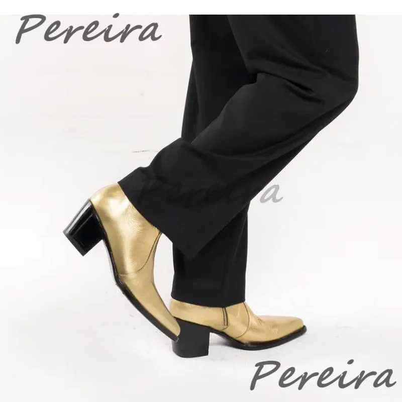 英国メンズ本革チェルシーブーツゴールドとんがりつま先 6 センチメートルハイヒールジッパーショートブーツ秋冬の新トレンディな男性の靴