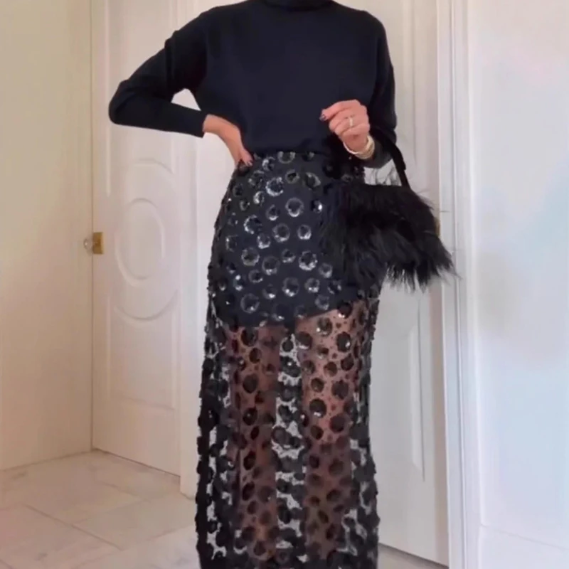 2025 أنيقة عالية الخصر ضئيلة التنانير الطويلة مثير شير بلون نادي التنانير الحفلات النسائية موضة مطرزة البولكا نقطة شبكة تنورة