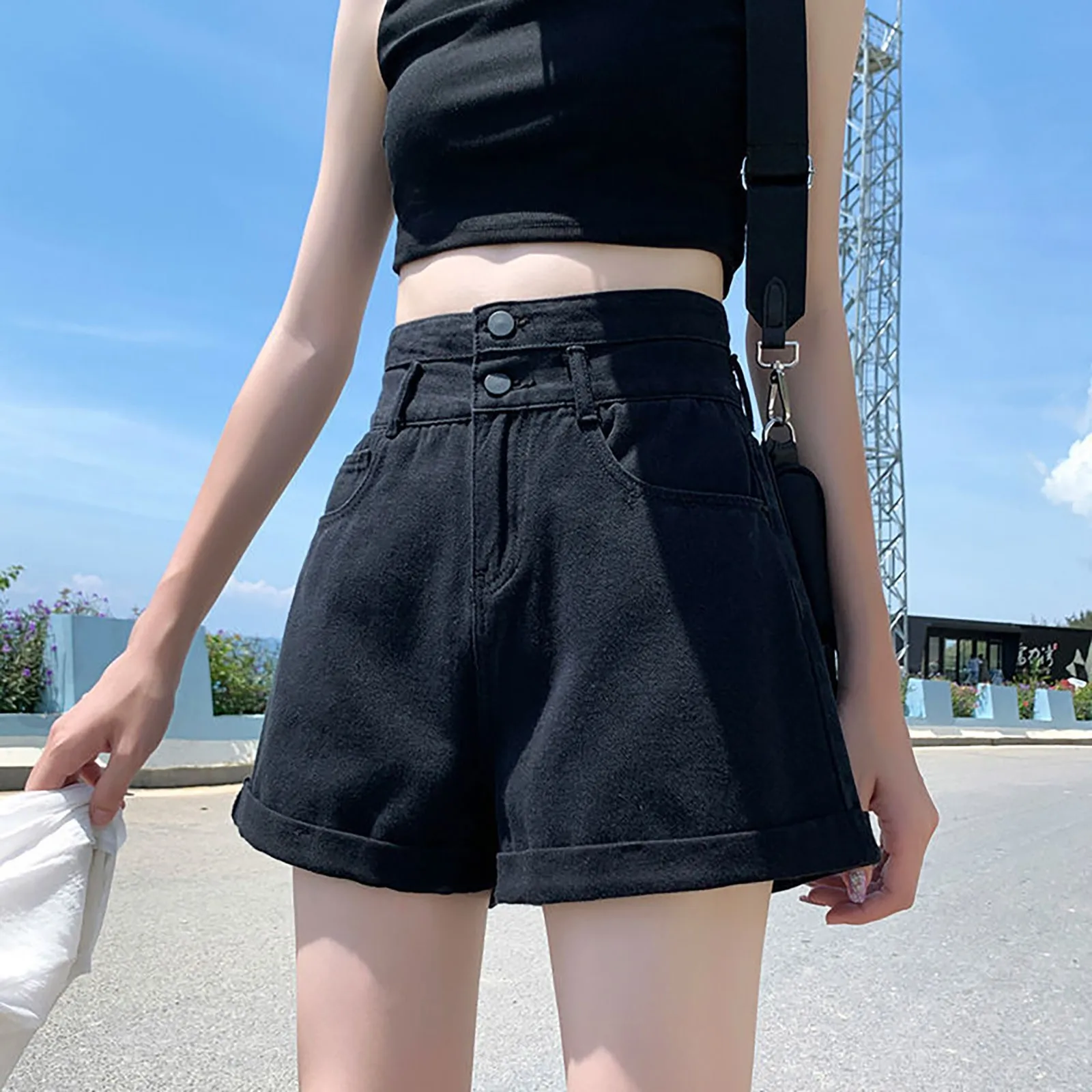 Women High Waist Casual A Line Denim Shorts Pockets Flare Hot Jean Short Pants Mujer Spring Summer Baggy Loose Comfy Cortos